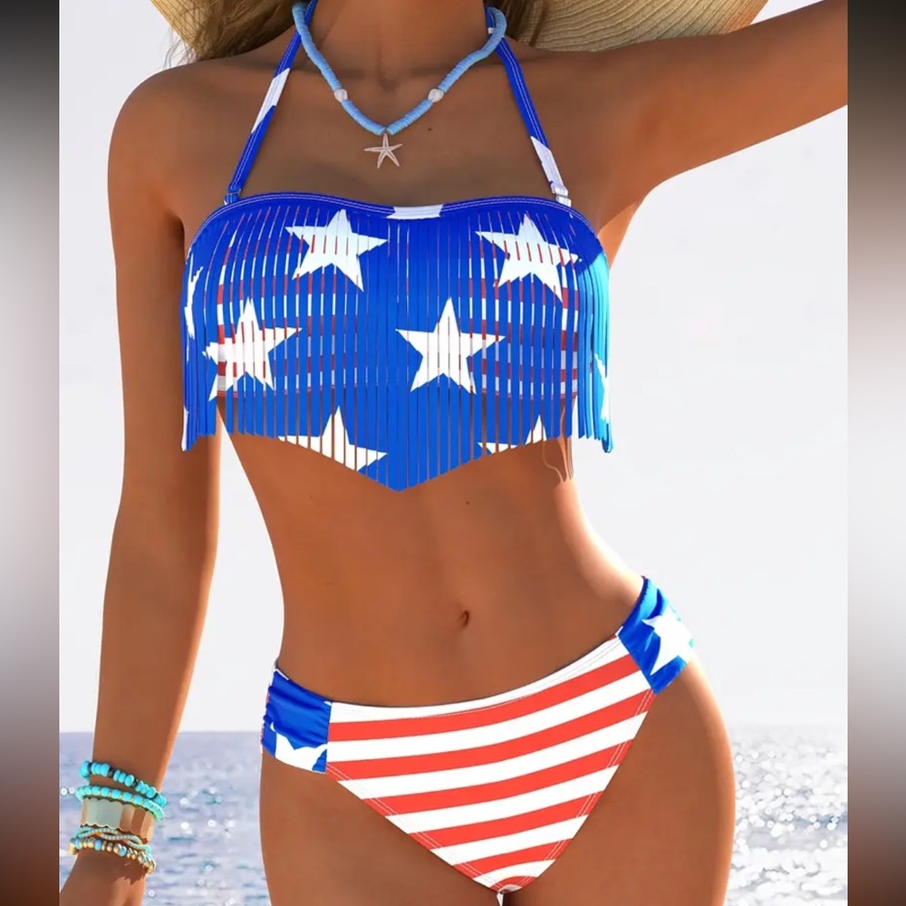 🇺🇸 Patriotic Fringe Bikini Set – Stars & Stripes 2-Piece Swimsuit